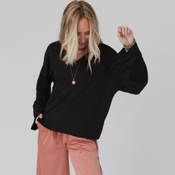 Three Bird Nest Love It V Neckline Open Back Bell Sleeve Top - Small, Black - Picture 2 of 13